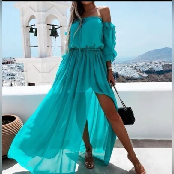 Cupshe Sexy Boho Off shoulder Beach Style ruffles split Turquoise‎ L RefCPS086 - Picture 7 of 13